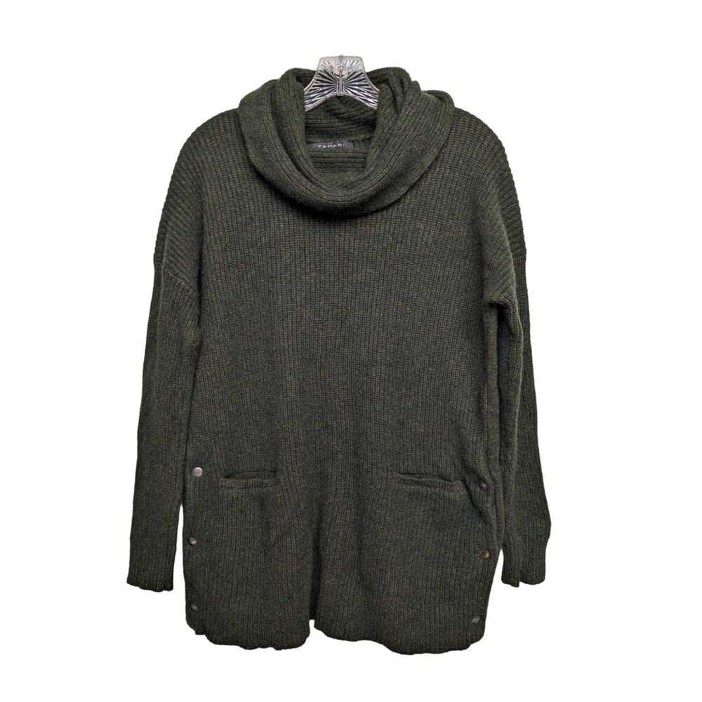 Tahari Long Sweater Tunic Cowl Neck Dark Green Yak Wool Medium